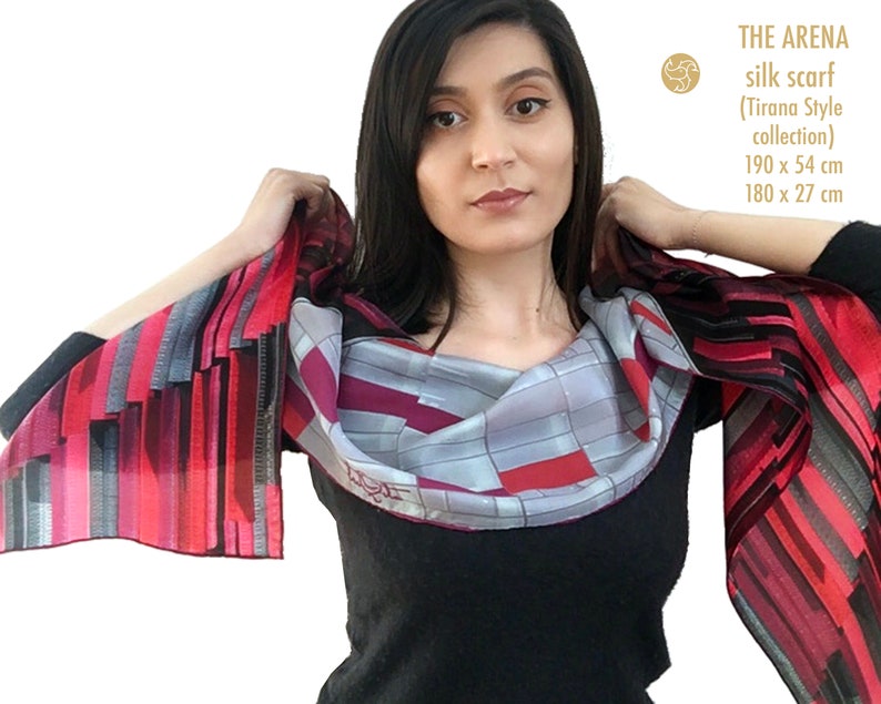 Long red silk scarf Arena. Inspired by architecture and colors of the Air Albania stadium in Tirana. Unusual, smart, luxurious women gift image 7