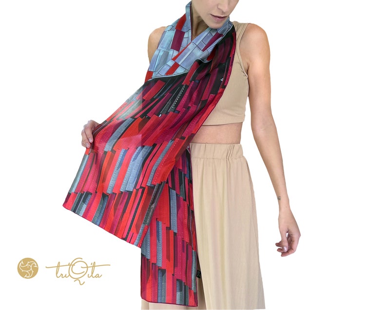Long red silk scarf Arena. Inspired by architecture and colors of the Air Albania stadium in Tirana. Unusual, smart, luxurious women gift image 4