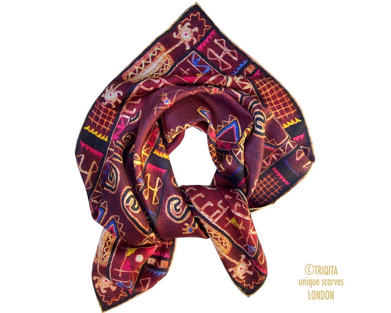 Beautiful silk scarf the Tree of Life decorated with ancient protective symbols from Albanian women folk costume. Meaningful gift for her image 5