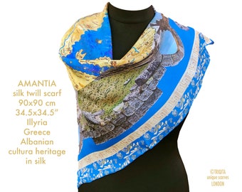 Silk blue unusual scarf Amantia, Albanian women gift  for archeology  history travel lovers, Gift for teacher, Tabula Peutingeriana printed