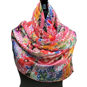 Floral pure silk ladies scarf the English Garden. Red poppies, blue hyacinths on pink shawl. Unique design, gift wrap, story by triQita image 8