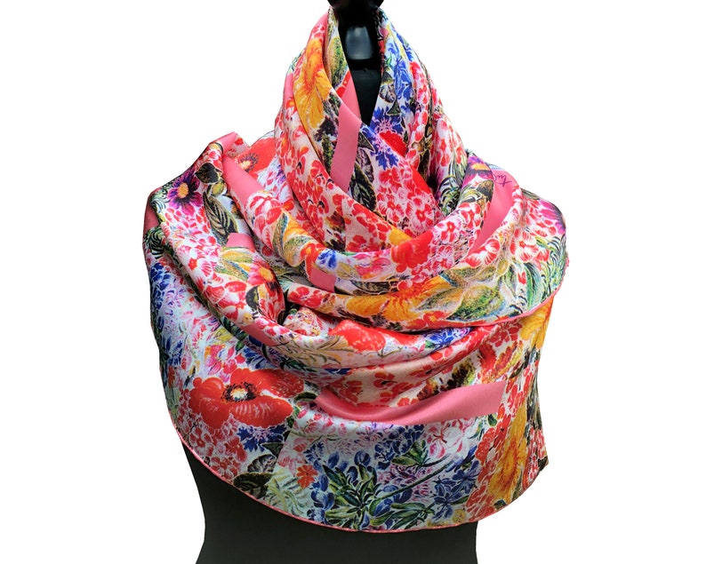 Floral pure silk ladies scarf the English Garden. Red poppies, blue hyacinths on pink shawl. Unique design, gift wrap, story by triQita image 8