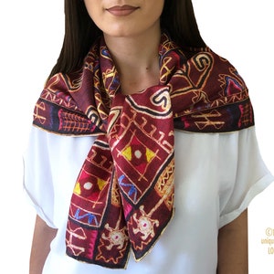 Beautiful silk scarf the Tree of Life decorated with ancient protective symbols from Albanian women folk costume. Meaningful gift for her image 6