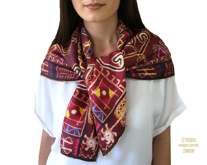 Beautiful silk scarf the Tree of Life decorated with ancient protective symbols from Albanian women folk costume. Meaningful gift for her image 6