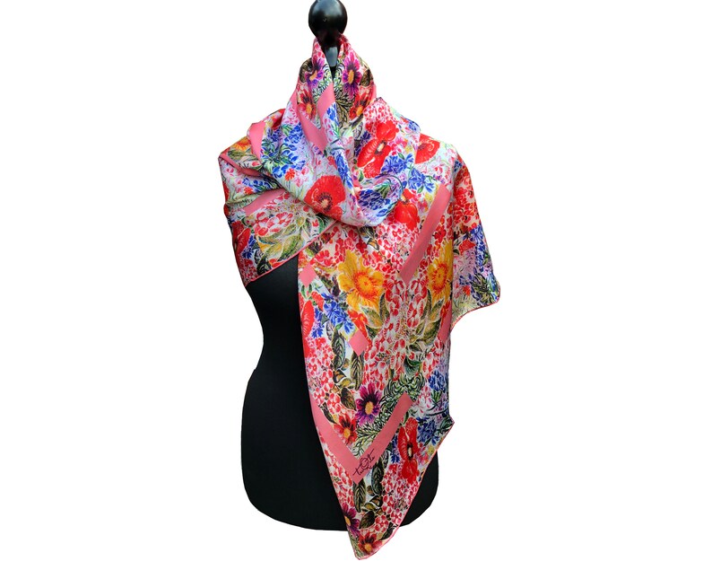 Floral pure silk ladies scarf the English Garden. Red poppies, blue hyacinths on pink shawl. Unique design, gift wrap, story by triQita image 7