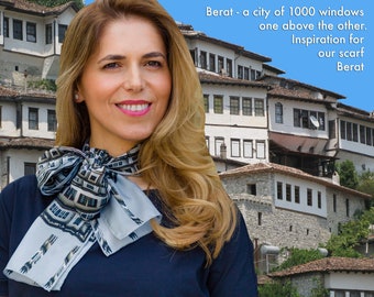 Long Silk Scarf: Berat Ottoman Architecture Art | Gift from Albania | triQita design
