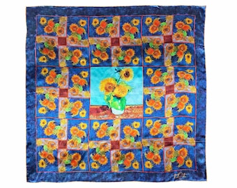 Luxury Silk Scarf, Van Gogh Sunflowers, Great Art on Silk Collection, 110x110 cm / 43x43 in