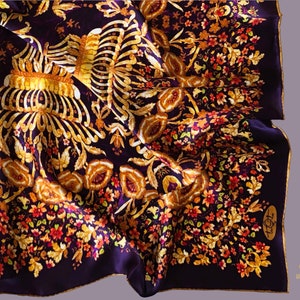 Large square silk scarf in purple and gold. Floral Byzantine style embroidery printed. Design inspired by antique dress of Albanian bride image 5