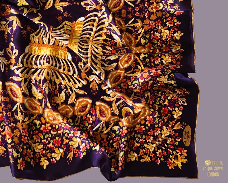 Large square silk scarf in purple and gold. Floral Byzantine style embroidery printed. Design inspired by antique dress of Albanian bride image 5