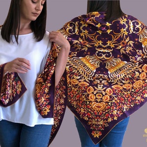 Large square silk scarf in purple and gold. Floral Byzantine style embroidery printed. Design inspired by antique dress of Albanian bride image 1