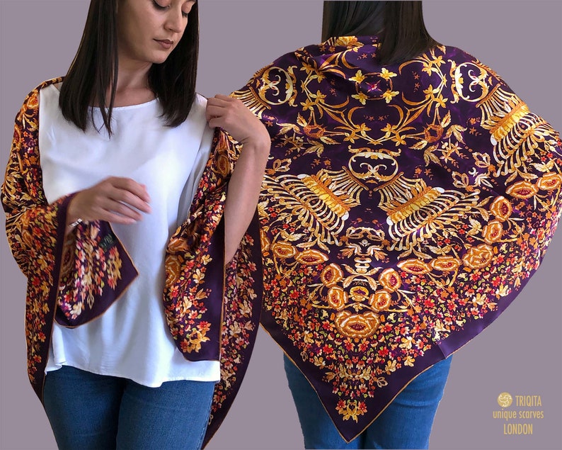 Large square silk scarf in purple and gold. Floral Byzantine style embroidery printed. Design inspired by antique dress of Albanian bride image 1