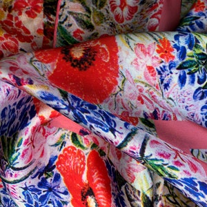 Floral pure silk ladies scarf the English Garden. Red poppies, blue hyacinths on pink shawl. Unique design, gift wrap, story by triQita image 3