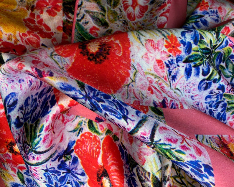 Floral pure silk ladies scarf the English Garden. Red poppies, blue hyacinths on pink shawl. Unique design, gift wrap, story by triQita image 3