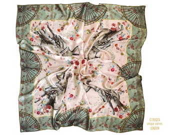 Large square silk satin scarf in pastel hues of beige & olive-green, Goddess  Diana from Louvre among flowers in unique triQita's design