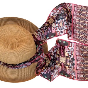 Long silk scarf Miranda, designed from a photo of Italian hill town with pink houses, Gift for women loving hats, travels, good surprises