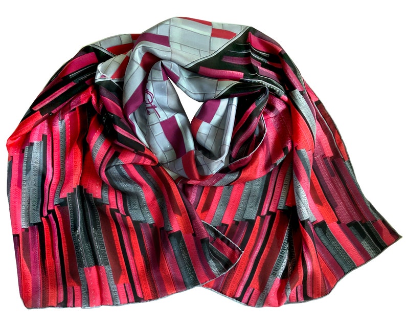 Long red silk scarf Arena. Inspired by architecture and colors of the Air Albania stadium in Tirana. Unusual, smart, luxurious women gift image 6
