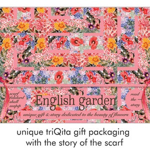 Floral pure silk ladies scarf the English Garden. Red poppies, blue hyacinths on pink shawl. Unique design, gift wrap, story by triQita image 10