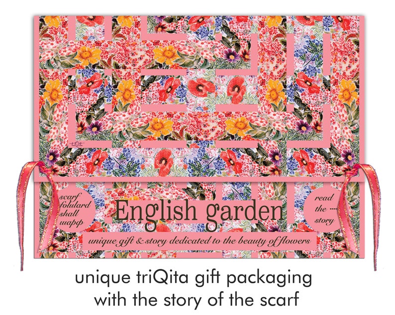 Floral pure silk ladies scarf the English Garden. Red poppies, blue hyacinths on pink shawl. Unique design, gift wrap, story by triQita image 10