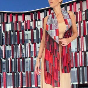 Long red silk scarf Arena. Inspired by architecture and colors of the Air Albania stadium in Tirana. Unusual, smart, luxurious women gift image 9