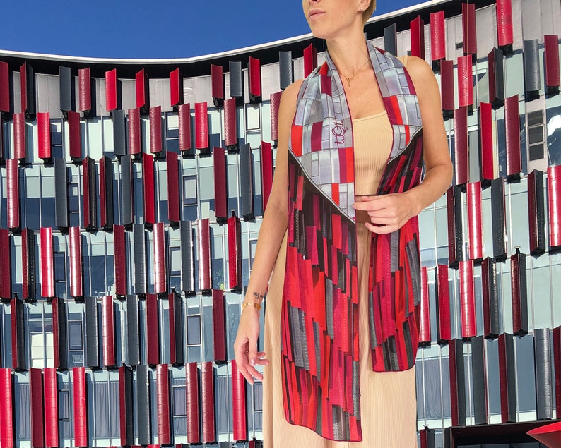 Long red silk scarf Arena. Inspired by architecture and colors of the Air Albania stadium in Tirana. Unusual, smart, luxurious women gift image 9