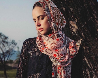 Luxury Silk Chiffon Scarf, Pomegranate Mosaic Art, Mediterranean Heritage Shawl, 180 × 54 cm / 71 × 21 in