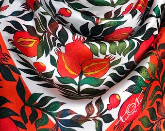 Red pomegranates silk scarf, Printed on luxurious white twill hand rolled, Original triQita design, Good luck gift for her, Gift for mother