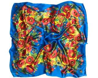 Luxury Blue Silk Scarf, Ukrainian Heritage, Petrykivka Floral Print, 90x90 cm/ 35x35 in