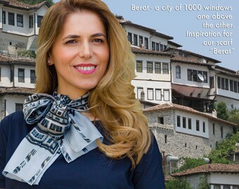 Long silk scarf Berat, Albania Ottoman architecture art scarf. White gray black neck hair scarf, Men's foulard, Girlfriend gift for him