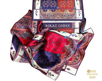 Luxury long blue silk designer scarf,  Albanian Heritage Berat Codex, Byzantine Manuscript Art