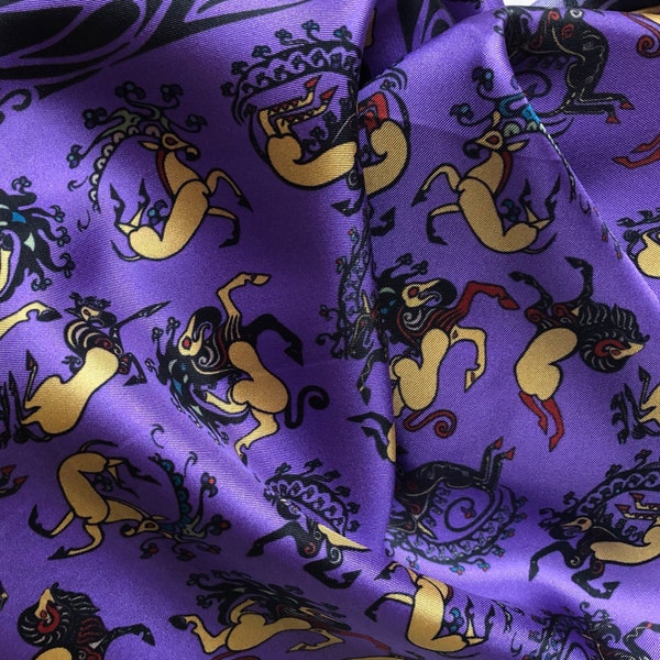 Scythian animal tattoo art printed on Long silk women scarf men foulard, Purple Lilac, Beige Gold, Head neck hair scarf Chic unisex gift