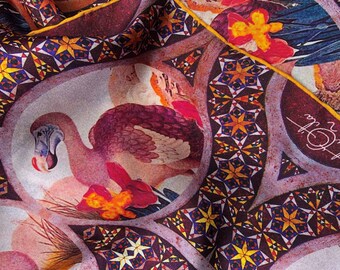 Pure silk scarf "Dodo". Hand rolled. Burgundy color bird in flowers & moorish style mosaic with golden stars. Original design triQita London