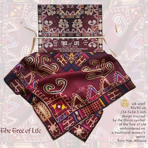 Beautiful silk scarf the Tree of Life decorated with ancient protective symbols from Albanian women folk costume. Meaningful gift for her image 1