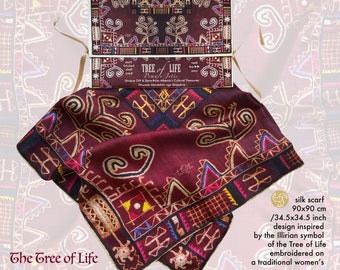 Beautiful silk scarf the Tree of Life decorated with ancient protective symbols from Albanian women folk costume. Meaningful gift for her