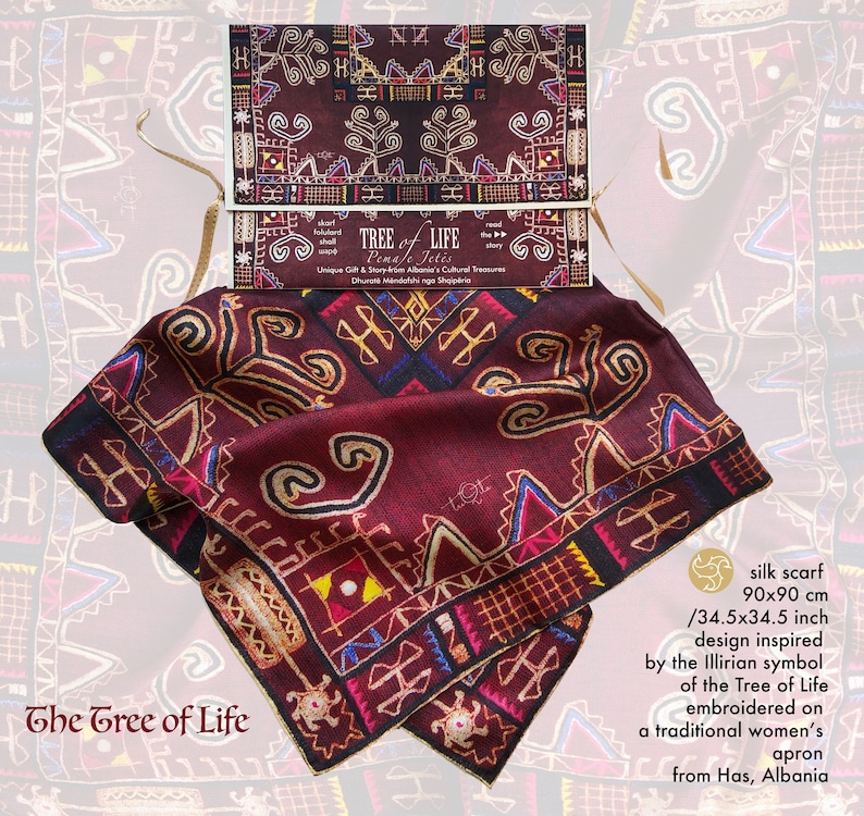 Beautiful silk scarf the Tree of Life decorated with ancient protective symbols from Albanian women folk costume. Meaningful gift for her image 1