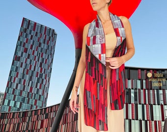 Long red silk scarf Arena. Inspired by architecture and colors of the Air Albania stadium in Tirana. Unusual, smart, luxurious women gift