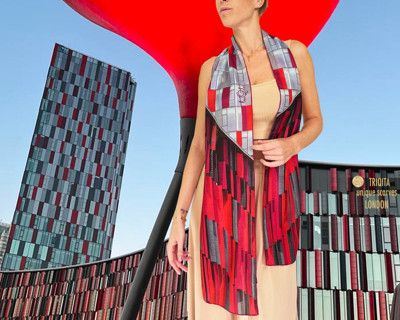 Long red silk scarf Arena. Inspired by architecture and colors of the Air Albania stadium in Tirana. Unusual, smart, luxurious women gift image 1