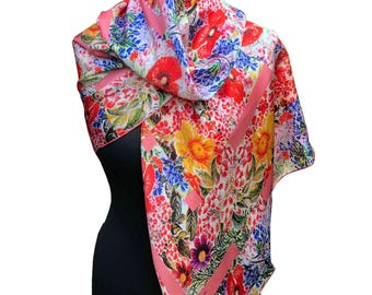 Red Poppy Silk Satin Oversized Scarf: English Garden | Floral Shawl | triQita design