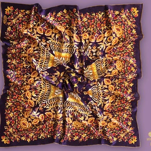 Large square silk scarf in purple and gold. Floral Byzantine style embroidery printed. Design inspired by antique dress of Albanian bride image 3