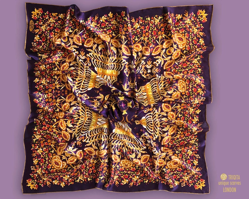 Large square silk scarf in purple and gold. Floral Byzantine style embroidery printed. Design inspired by antique dress of Albanian bride image 3