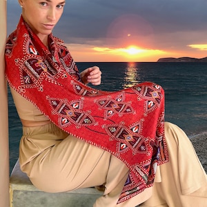 Natural Silk Scarf: Mirdita Albanian Folk Art Bridal Shawl | triQita Design