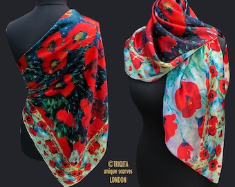 Red Poppies silk satin scarf, Large square floral shawl, Gift for godmother, Present for wife's anniversary, Mother's  Remembrance Day gift