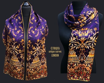 Long silk scarf, Albanian art embroidery, Printed on silk satin shawl, Designer Style, Purple Gold,  Floral stole, Valentine's women gift