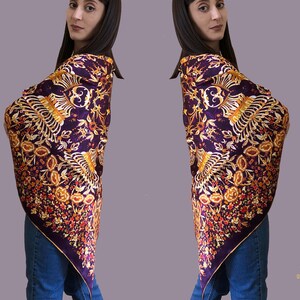 Large square silk scarf in purple and gold. Floral Byzantine style embroidery printed. Design inspired by antique dress of Albanian bride image 2