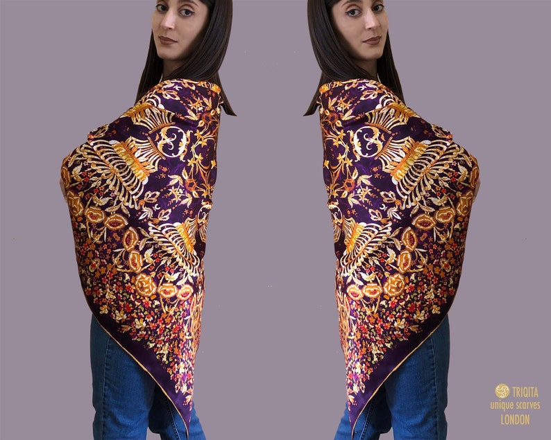 Large square silk scarf in purple and gold. Floral Byzantine style embroidery printed. Design inspired by antique dress of Albanian bride image 2