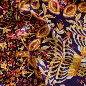 Large square silk scarf in purple and gold. Floral Byzantine style embroidery printed. Design inspired by antique dress of Albanian bride image 4