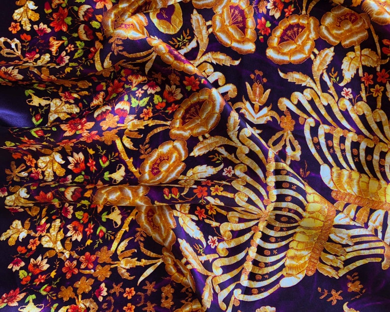 Large square silk scarf in purple and gold. Floral Byzantine style embroidery printed. Design inspired by antique dress of Albanian bride image 4