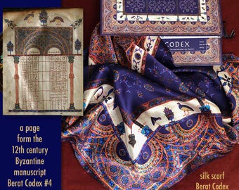 Large Square Blue Silk Scarf, Albanian Heritage Berat Codex Byzantine Manuscript Art, Gift Folio with Story, Luxury premium satin shawl