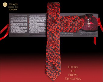 Red black silk tie For Good Luck with four leaf clover, Lucky power tie, Luxury gift for him, Handmade, Design, story, packaging by triQita