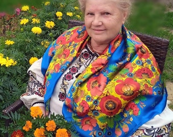 Blue silk scarf "Lyubochka" with a real story behind original design. Floral multicolor Petrykivka Ukrainian folk art flowers. Gift for her