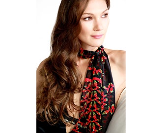 Floral Long Silk Chiffon Scarf: Birds of Paradise Print, Black & Red | triQita design